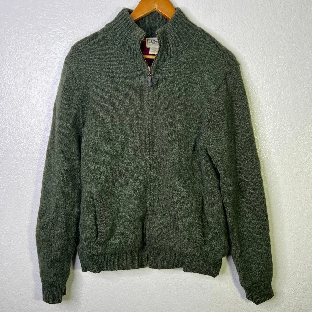 LL Bean Mens Lambswool Flannel Lined Full Zip Sweater Green Size Medium